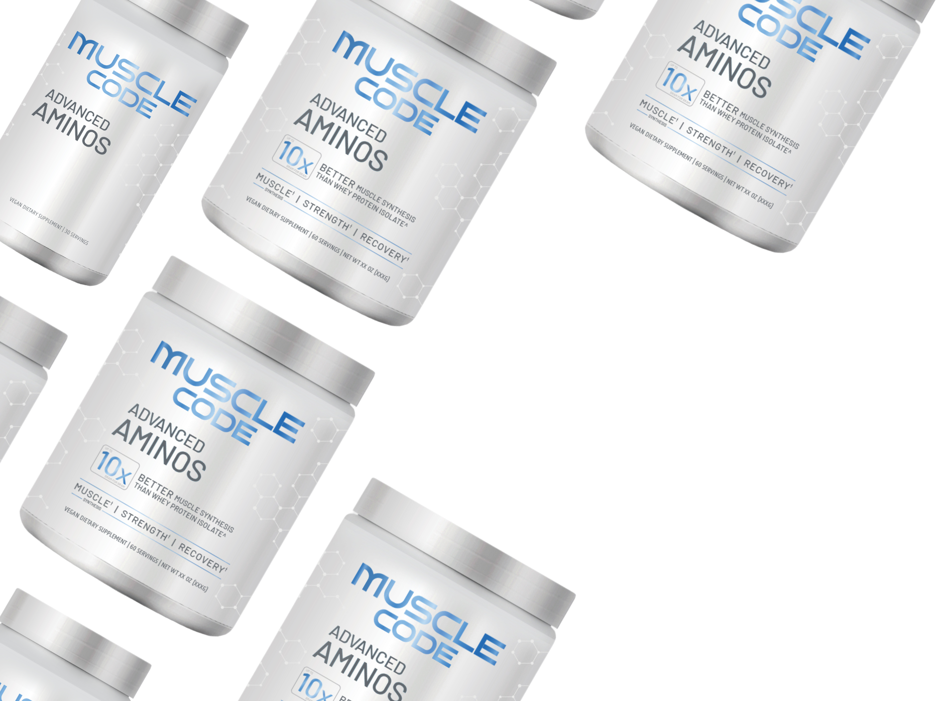 Multiple containers of Muscle Code Advanced Aminos on a white background